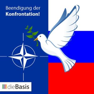 dieBasis - Friedenstaube mit Überschrift Beendigung der Konfrontation (Beitragsbild zum Artikel: AG Frieden: Stellungnahme zum Ukraine-Russland-Konflikt)