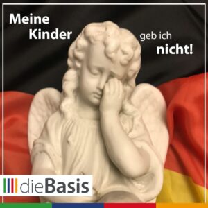 Engel auf deutscher Nationalflagge, Text: Meine Kinder geb ich nicht!