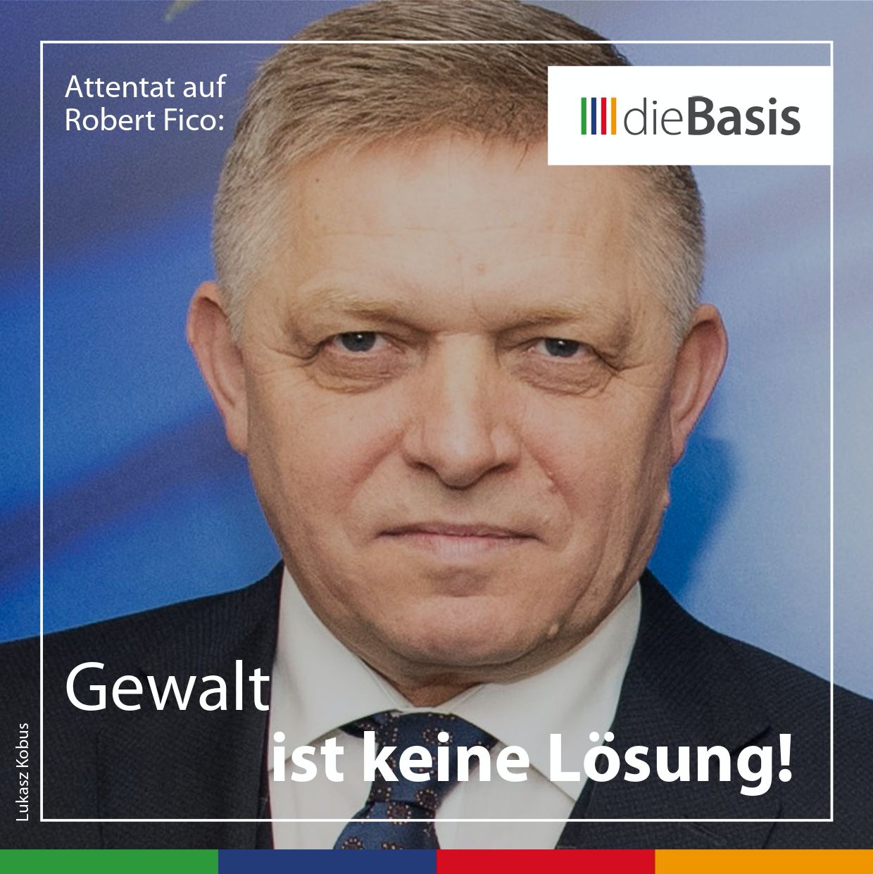 Zum Attentat auf Robert Fico (Bild) Portrait Robert Fico. Text: Attentat auf Robert Fico. Gewalt ist keine Lösung.