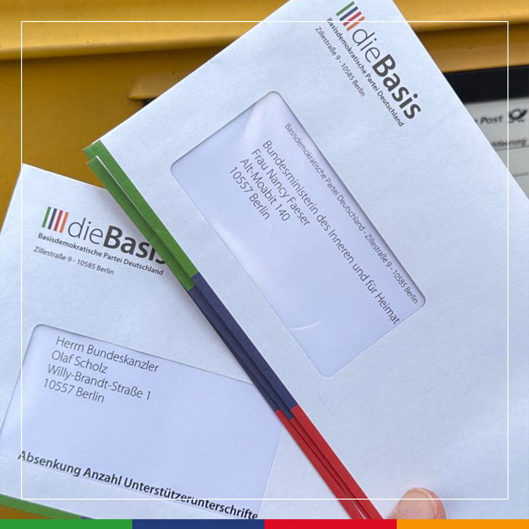 dieBasis wehrt sich gegen unzumutbare Wahlhürden bei der Bundestagswahl 2025 (Bild) Briefaktion der Bundespartei an Bundeskanzler, Bundesratspräsidentin, alle Abgeordnete und Bundesinnenministerin