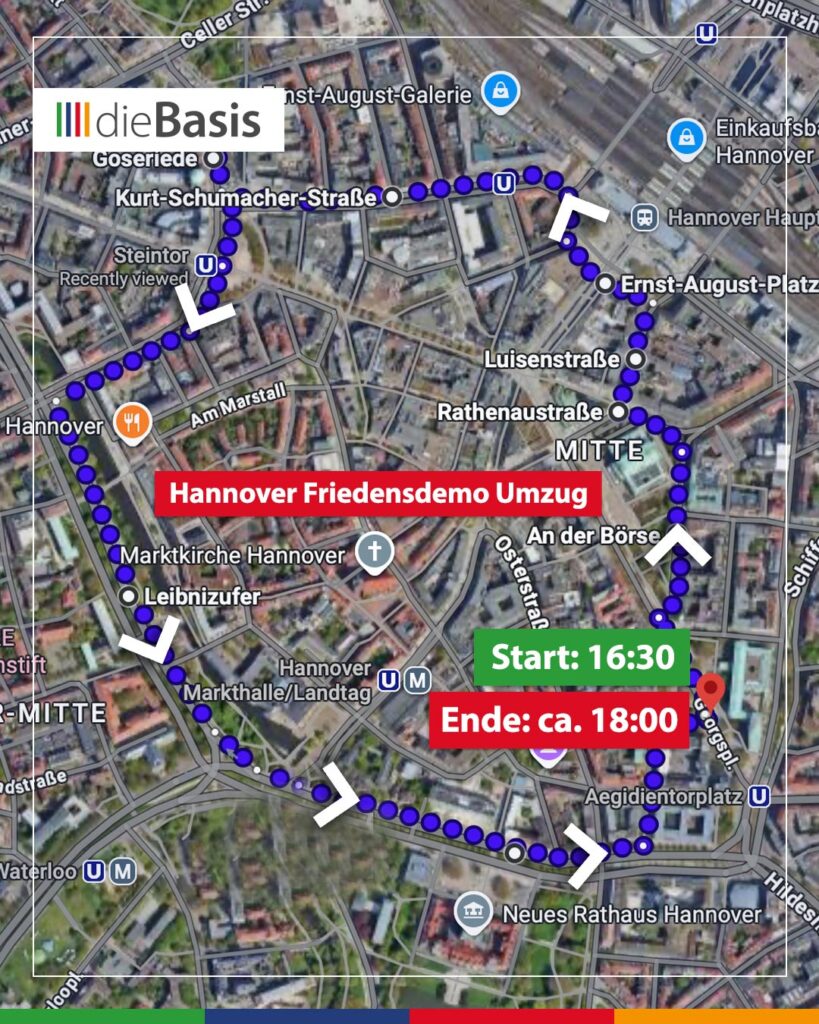 dieBasis Friedensdemo mit Umzug am 29. August 2026 in Hannover (Bild) Aufmarschroute 29.08.26 Friedensdemo Hannover